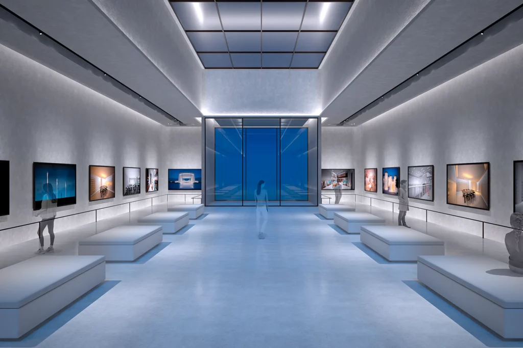 Illustration conceptuelle d’un espace muséographique éclairé par Studio Fil Rouge, montrant l’impact de la lumière sur volumes, matières et ambiances.